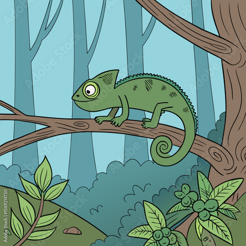 Chameleon in the Jungle: A charming chameleon perches delicately on a branch, its vivid green skin blending seamlessly with its lush jungle surroundings. A whimsical and captivating illustration.