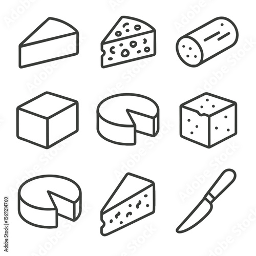 Artisanal Cheese Icons. Line style icons of Artisanal Cheeses silhouette: Brie wedge, blue cheese slice, goat cheese log, cheddar