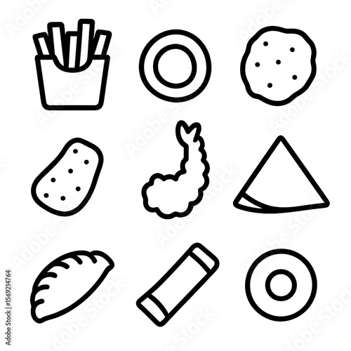 Fried Snack Icons. Line style icons of Fried Snacks silhouette: French fry, onion ring, chicken nugget, mozzarella stick, tempura