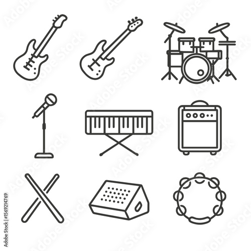 Rock Band Icons. Line style icons of Rock Band Instruments: electric guitar, bass guitar, drum kit, microphone stand, keyboard,