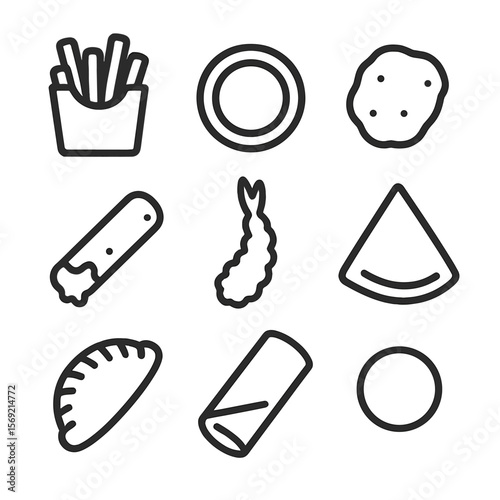 Fried Snack Icons. Line style icons of Fried Snacks silhouette: French fry, onion ring, chicken nugget, mozzarella stick, tempura