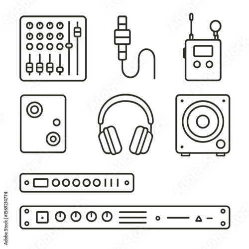 Rock Audio Gear Icons. Line style icons of Rock Audio Gear: mixing console, soundboard slider, audio cable, wireless mic pack, DI