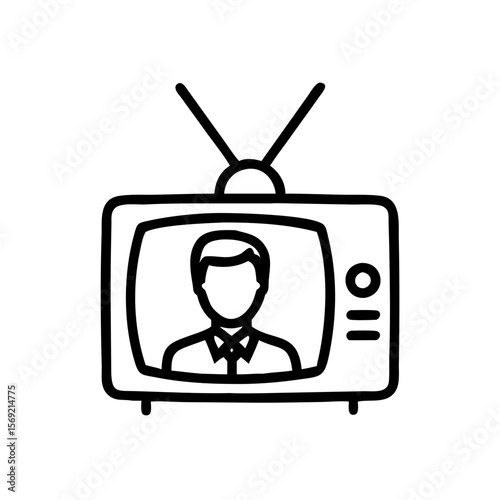 Television icon depicting a male host in simple line art  