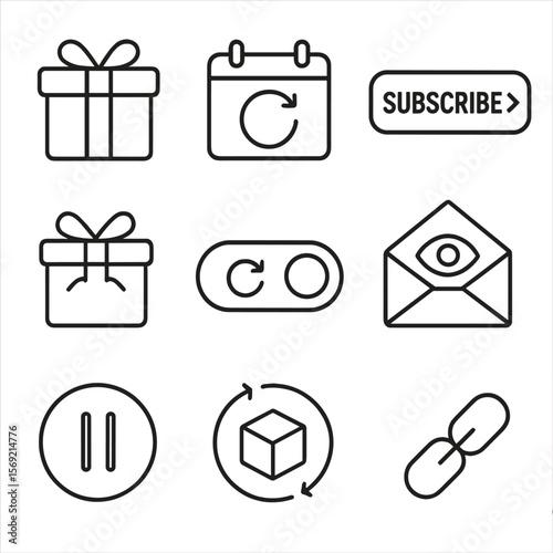 Subscription Box Icons. Line style icons of Subscription Box Service: gift box, calendar repeat, subscribe button, unbox ribbon,