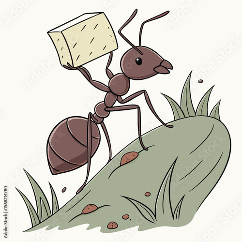 Diligent Ant: A single ant, the epitome of strength, diligently carries a large block, conquering a hill on its determined path. A celebration of perseverance and hard work