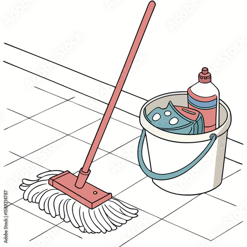 Clean Sweep: A meticulously crafted illustration showcasing the essential tools for home cleaning: a mop, a bucket filled with cleaning supplies, and a tiled floor.