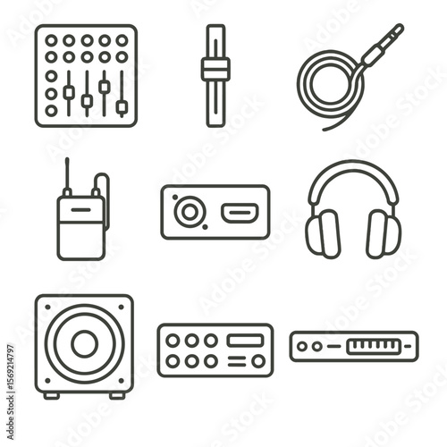 Rock Audio Gear Icons. Line style icons of Rock Audio Gear: mixing console, soundboard slider, audio cable, wireless mic pack, DI