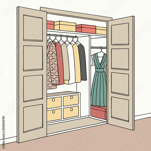 Wardrobe Organization: A clean, organized wardrobe showcases neatly arranged clothing, boxes, and storage solutions, evoking feelings of order, functionality, and style.