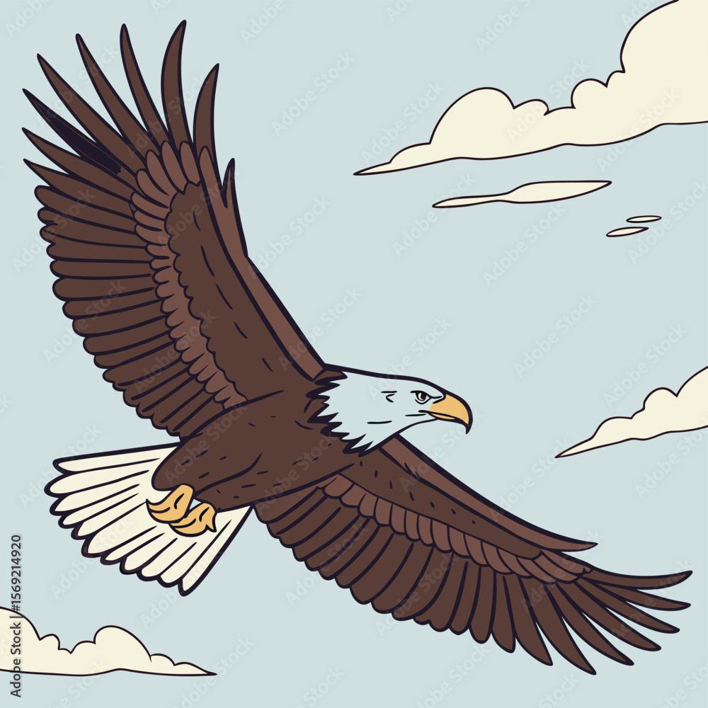 Obraz premium Majestic Eagle Soaring High: An illustrated eagle with outstretched wings, gliding through the sky, symbolizing freedom and strength against a backdrop of clouds.