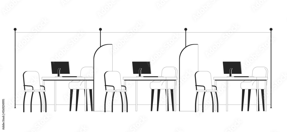 Obraz premium Empty modern office workstations with dividers outline illustration. Bank interior cubicles. Organized desks with chairs, computers 2D line scene isolated on white. Monochrome vector ink linear image
