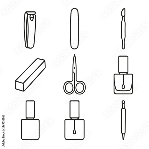 Nail Care Essentials. Line style icons of Nail Care Kit: nail clipper, nail file, cuticle pusher, buffer block, manicure scissors,
