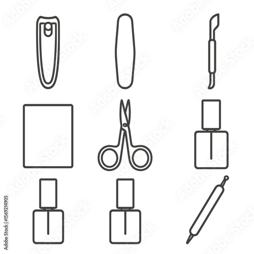 Nail Care Essentials. Line style icons of Nail Care Kit: nail clipper, nail file, cuticle pusher, buffer block, manicure scissors,