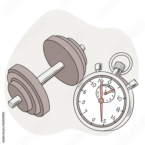 Dumbbell and Stopwatch: Time is of the essence in your fitness journey. This illustration showcases a dumbbell and a stopwatch.