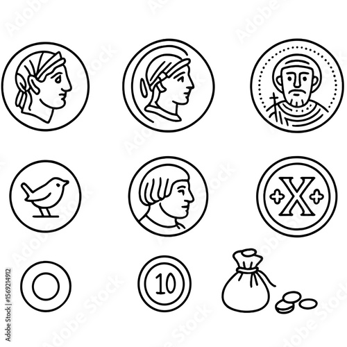 Antique Coin Icons. Line style icons of Antique Coins: Roman denarius, silver drachma, gold aureus, Byzantine solidus, medieval