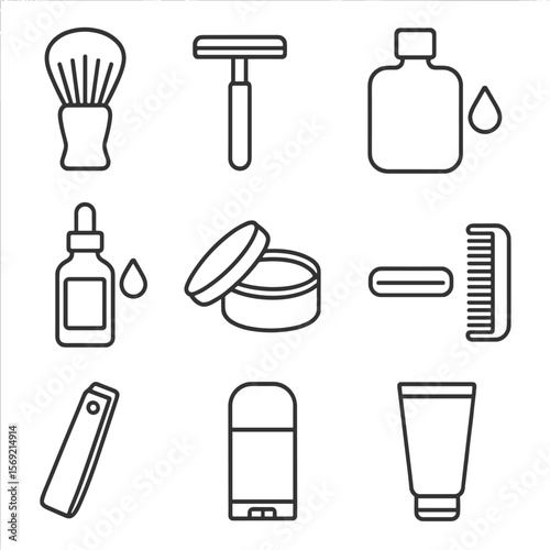 Men's Grooming Icons. Line style icons of Men’s Grooming Essentials: shaving brush, safety razor, aftershave splash, beard oil
