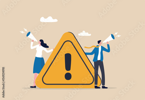 Important announcement, attention or warning information, breaking news or urgent message communication, alert and beware concept, business people announce on megaphone with attention exclamation sign