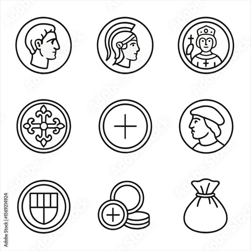 Antique Coin Icons. Line style icons of Antique Coins: Roman denarius, silver drachma, gold aureus, Byzantine solidus, medieval