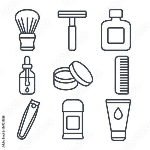 Men's Grooming Icons. Line style icons of Men’s Grooming Essentials: shaving brush, safety razor, aftershave splash, beard oil