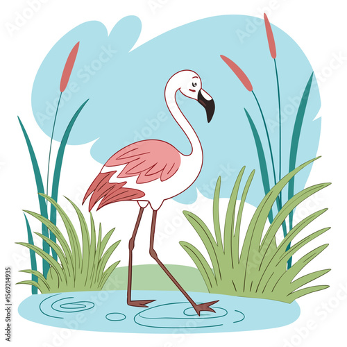 Graceful Flamingo in Wetlands: Witness a flamingo gracefully navigating a wetlands scene, amidst lush greenery and serene waters, showcasing the vibrant essence of nature.