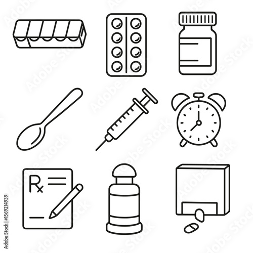 Medication Management Icons. Line style icons of Medication Management: 7-day pill organizer, blister pack grid, prescription pill