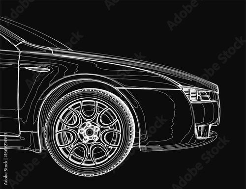 A sleek black and white car drawing features detailed lines and curves on a dark background. The contrast highlights the vehicle's elegant design. The minimalist style emphasizes the car's dynamic.