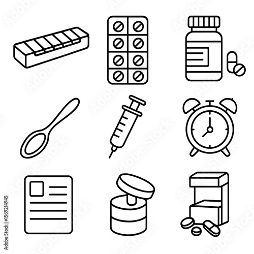 Medication Management Icons. Line style icons of Medication Management: 7-day pill organizer, blister pack grid, prescription pill
