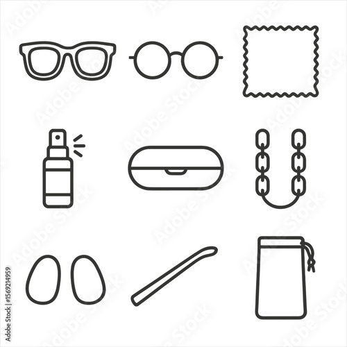 Eyewear Line Icons. Line style icons of Eyewear & Sunglasses: sunglasses frame, eyeglasses frame, cleaning cloth, lens cleaner