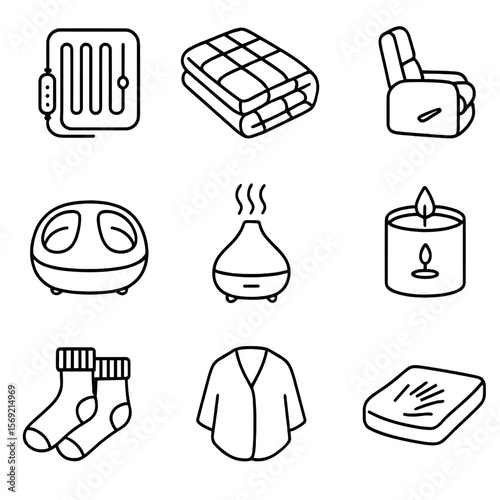 Relaxation Essentials Icons. Line style icons of Comfort & Relaxation: heating pad, weighted blanket, recliner chair, foot