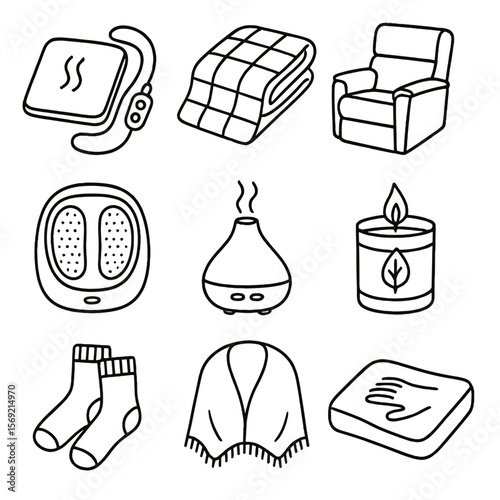 Relaxation Essentials Icons. Line style icons of Comfort & Relaxation: heating pad, weighted blanket, recliner chair, foot
