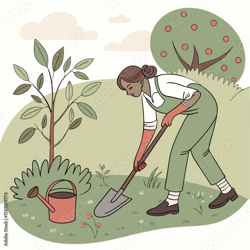 Gardener's Dedication: A dedicated gardener, immersed in the serene activity of tending to her garden, nurtures the land with care, exemplifying a deep connection with nature.