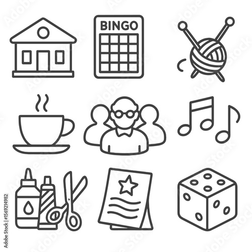 Social Engagement Icons. Line style icons of Social Engagement: community center building, bingo card, knitting needles, tea cup,