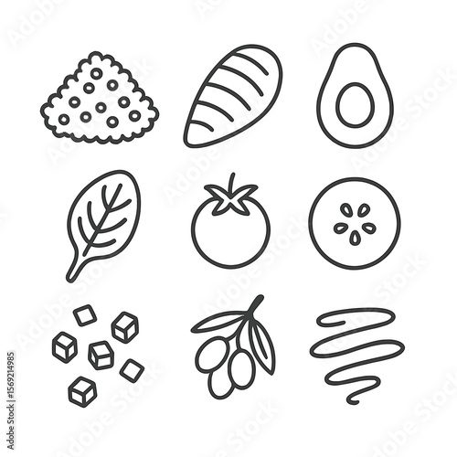 Healthy Lunch Bowl Icons. Line style icons of Healthy Lunch Bowl: quinoa heap, grilled chicken strip, avocado half, spinach leaf,