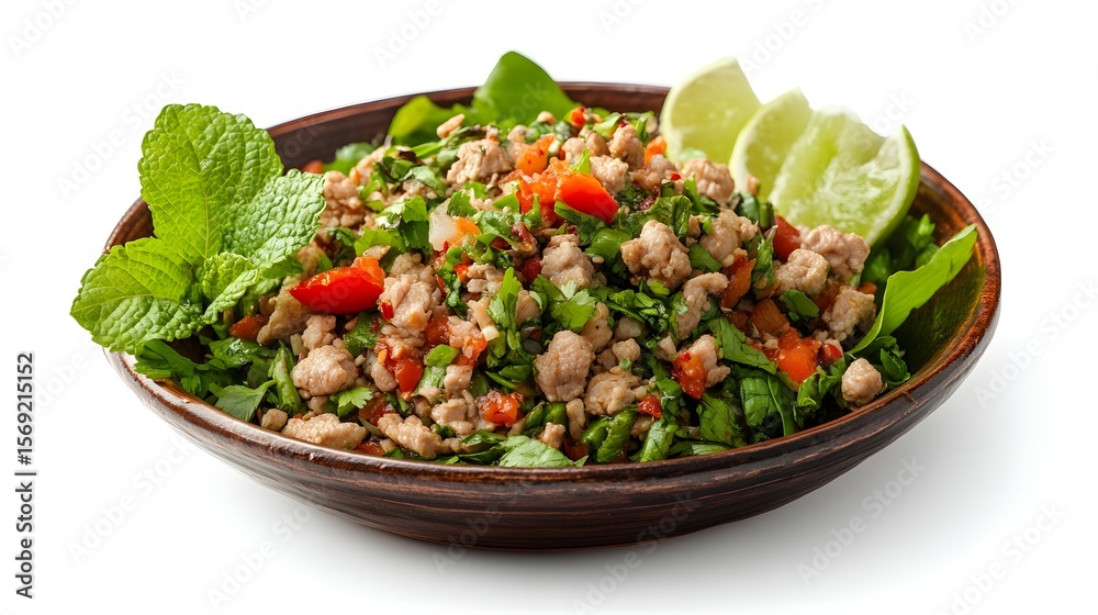 Photograph of pork mince salad with herbs, tomatoes, and lime slices in a dark bowl. Photograph of pork mince salad with herbs, tomatoes, and lime slices in a dark bowl.