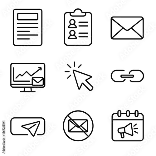 Email Marketing Icons. Line style icons of Email Marketing: email template, subscriber list, envelope icon, open-rate graph, click