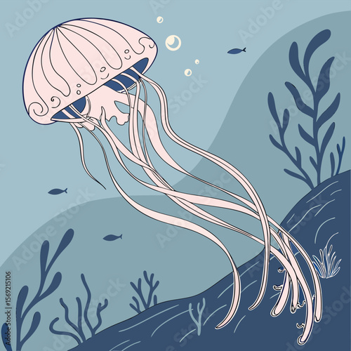 Elegant Jellyfish Illustration: A captivating line art illustration showcasing a jellyfish gracefully swimming in the ocean among other marine life.