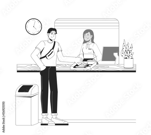 Customer depositing cash at bank teller counter outline illustration. Foreign currency exchange. Banking cashier window booth 2D line characters isolated on white. Monochrome vector ink linear image