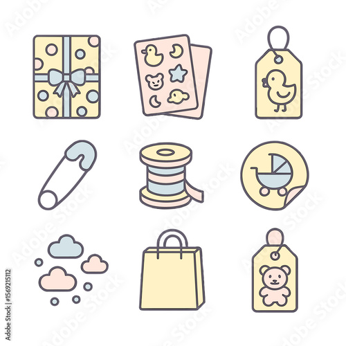 Baby Shower Gift Wrap. Line style icons of Baby Shower Gift Wrap: pastel polka wrap, baby-motif tissue, baby-chicken tag,