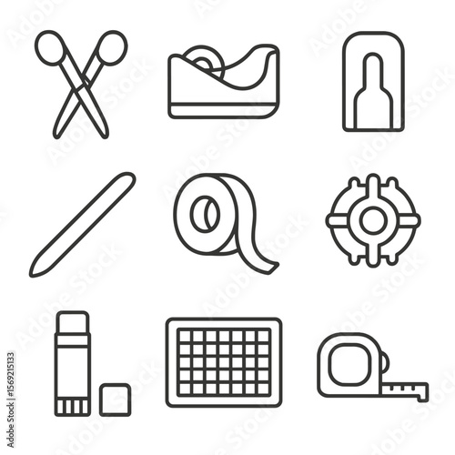 Gift Wrapping Tools. Line style icons of Gift Wrapping Tools: scissors, tape dispenser, gift wrap cutter, bone folder, ribbon