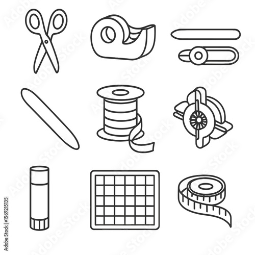 Gift Wrapping Tools. Line style icons of Gift Wrapping Tools: scissors, tape dispenser, gift wrap cutter, bone folder, ribbon