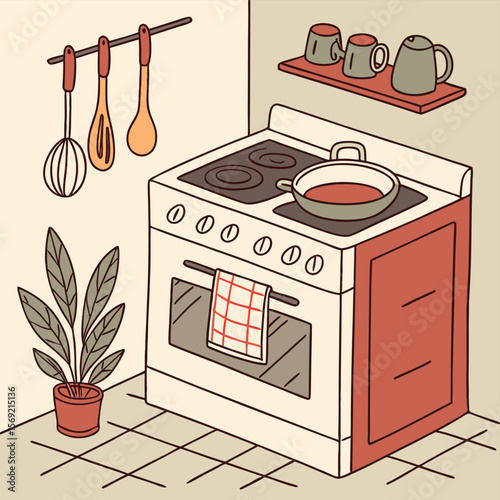 Cozy Kitchen Corner: Hand-drawn illustration of a kitchen corner featuring a stove with a pan, utensils hanging on a rack, and a plant in a pot, creating a warm and inviting atmosphere.