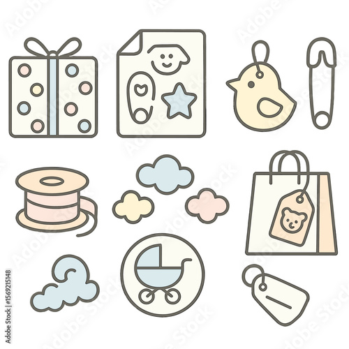 Baby Shower Gift Wrap. Line style icons of Baby Shower Gift Wrap: pastel polka wrap, baby-motif tissue, baby-chicken tag,