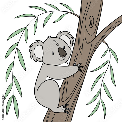 Koala Bear in Tree: A charming illustration of a koala bear climbing a eucalyptus tree, depicting the bear's interaction with the forest environment.