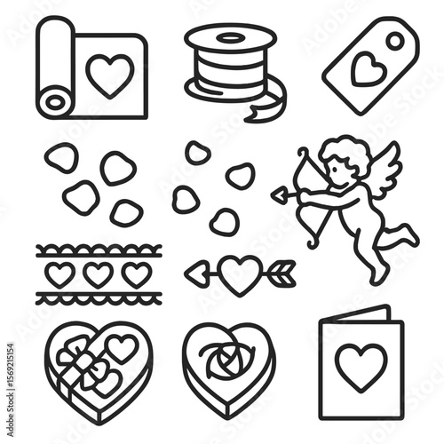 Valentine's Line Icons. Line style icons of Valentine’s Day Wrap: heart wrap roll, red ribbon spool, love tag, cupid sticker, rose