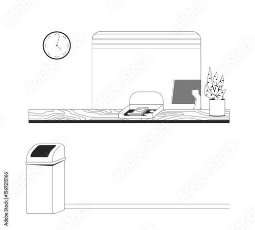 Empty bank counter with money tray outline illustration. Teller station. Cashier interior setup. Professional banking service desk 2D line scene isolated on white. Monochrome vector ink linear image