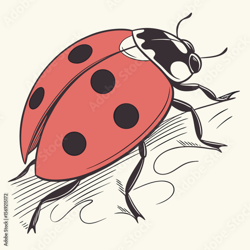 Ladybug's Elegant Stroll: A charming ladybug with vibrant red shell and black spots, delicately captured in a beautiful illustration, strolls, perfect for nature lovers.
