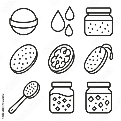 Aromatherapy Icon Set. Line style icons of Bath & Body Aromatherapy: bath bomb sphere, essential oil bath drops, salt scrub jar,