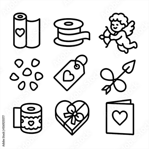 Valentine's Line Icons. Line style icons of Valentine’s Day Wrap: heart wrap roll, red ribbon spool, love tag, cupid sticker, rose