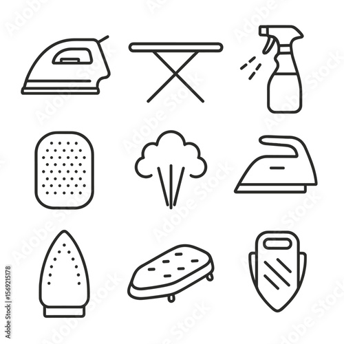 Ironing Tools Icons. Line style icons of Ironing & Pressing Tools: steam iron, ironing board, spray bottle, heat-resistant pad,