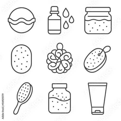 Aromatherapy Icon Set. Line style icons of Bath & Body Aromatherapy: bath bomb sphere, essential oil bath drops, salt scrub jar,