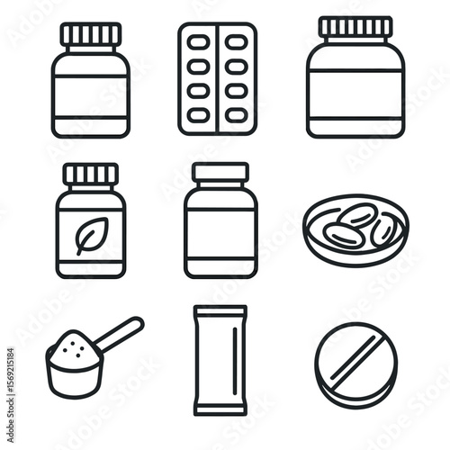 Health Supplement Icons. Line style icons of Health & Wellness Supplements: vitamin bottle, capsule pack, protein powder tub,